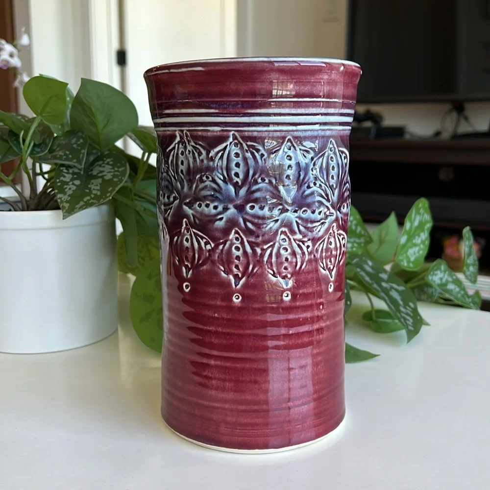 Vintage Handmade Carved Pottery Vase Decor - Picture 3 of 13